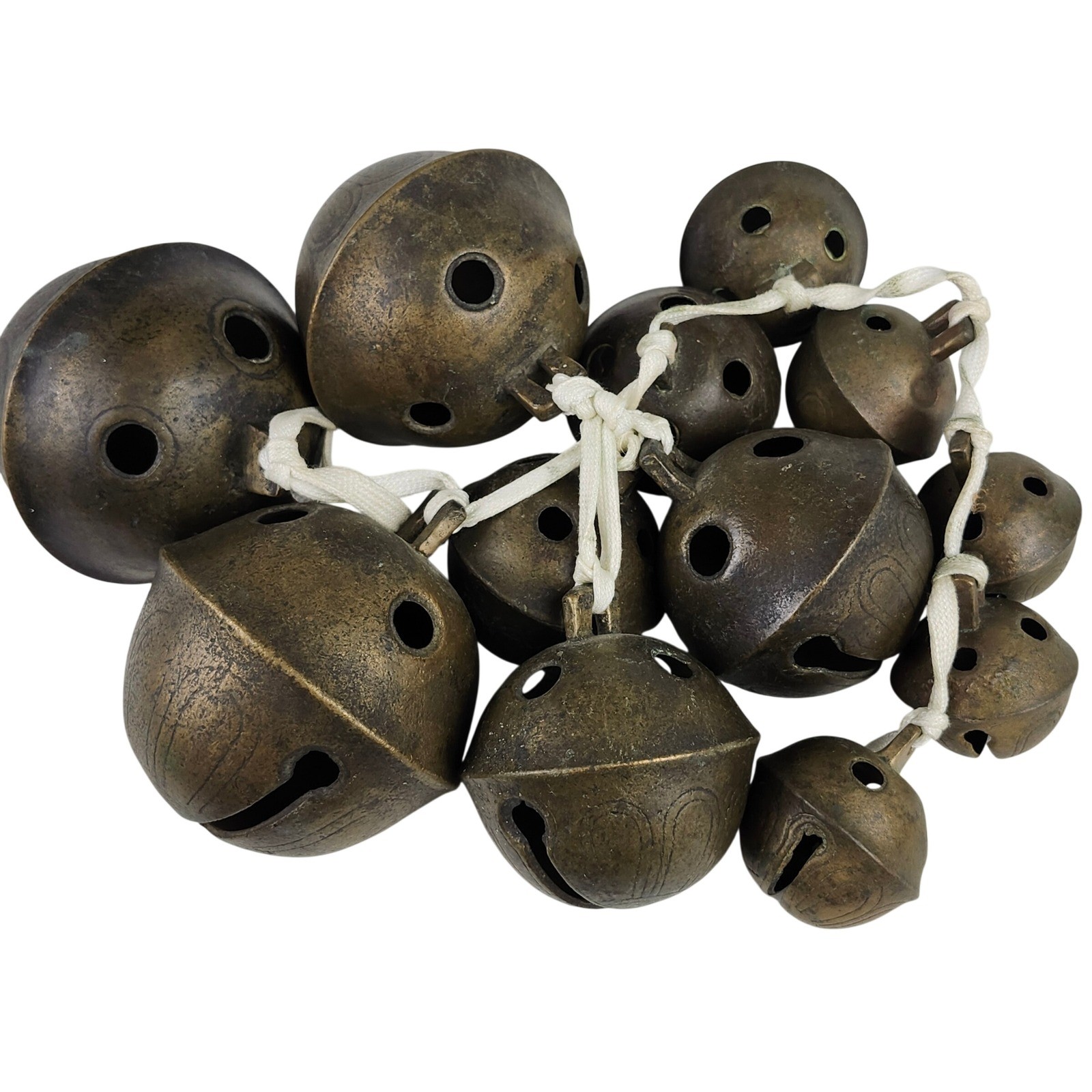 Antique Brass Sleigh Crotal Bells Bronze Engraved Petal Set of 12 Heavy Cast