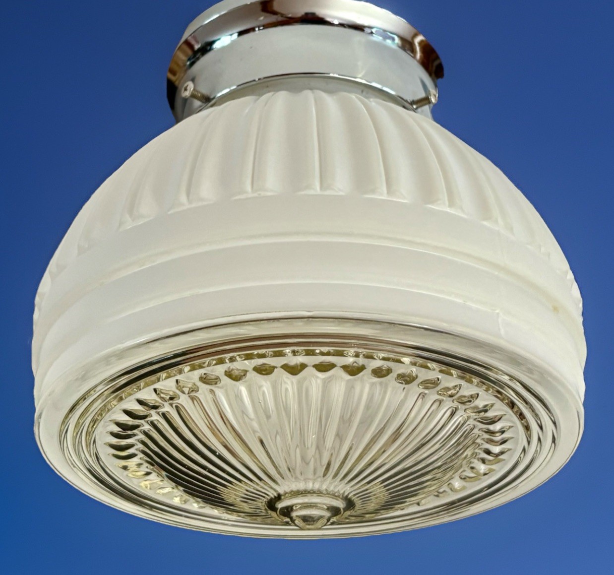 Vintage Unique 1940s-50's Art Deco Nouveau Frosted Glass Ceiling Light Fixture