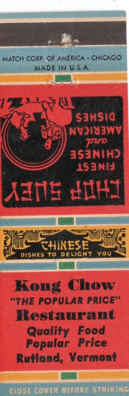Vintage Matchcover  Kong Chow Restaurant Rutland Vermont