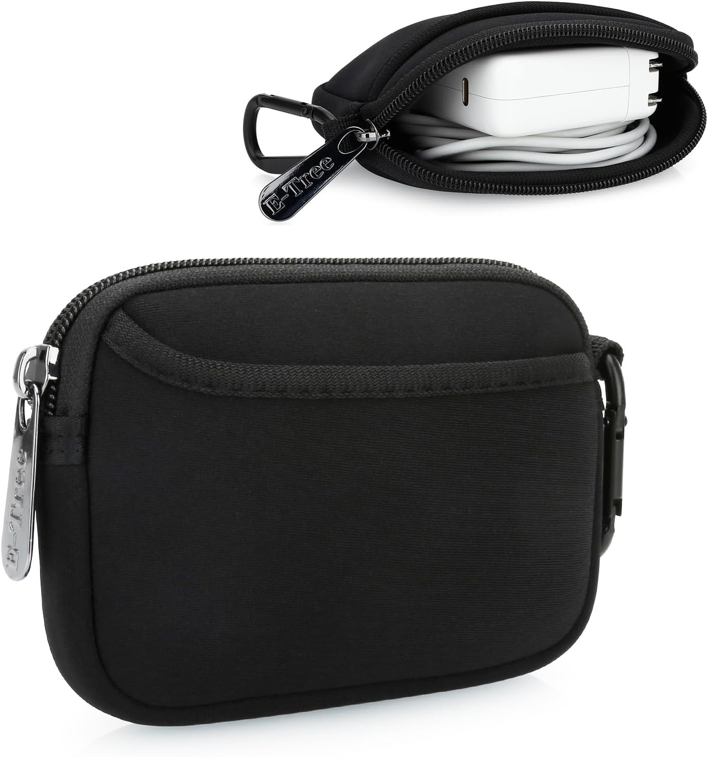 E-Tree Small Soft Neoprene Zipper Pouch with Carabiner Clip,Tech Bag Black E-Tree Small Soft Neoprene Zipper Pouch with Carabiner Clip,Tech Bag Black