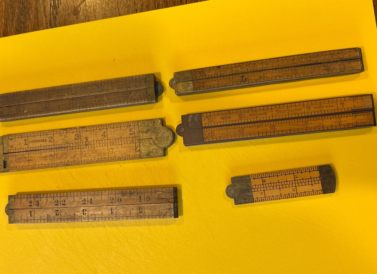 6 Vintage Mixed Wooden & Brass Folding Rulers Lot  USA made. 