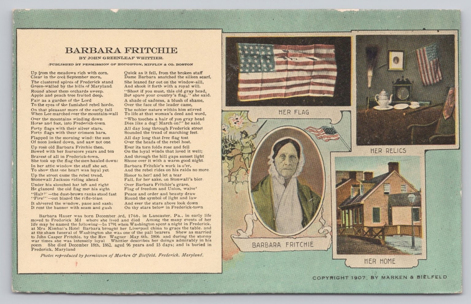 1907 Barbara Fritchie Frederick MD Civil War Poem Märken & Bielfeld Postcard 1907 Barbara Fritchie Frederick MD Civil War Poem Märken & Bielfeld Postcard