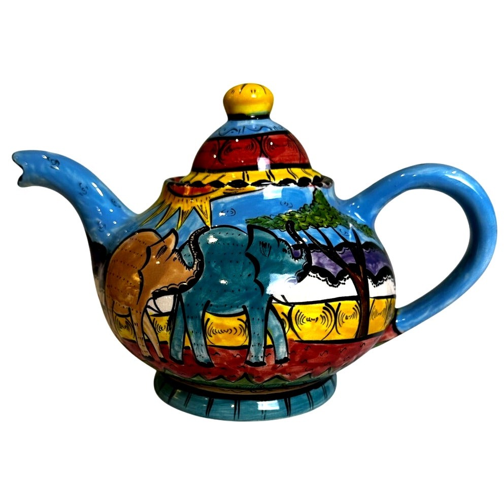 Penzo Zimbabwe Vintage Signed Hand Painted Elephants Giraffe Gemsbock Teapot Penzo Zimbabwe Vintage Signed Hand Painted Elephants Giraffe Gemsbock Teapot
