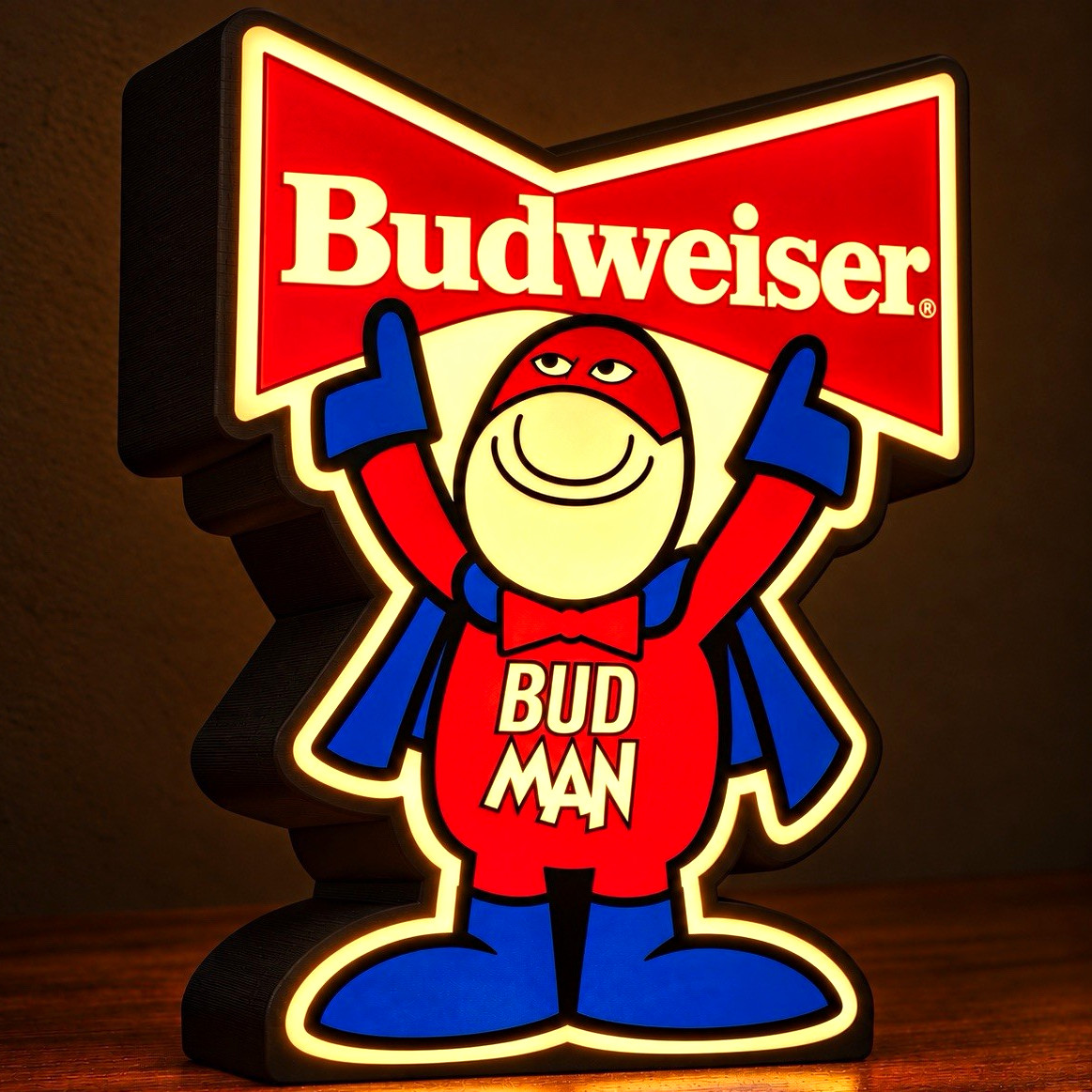 Budweiser Bud Man LightBox 3D Printed Display – Retro Beer Advertising Light Budweiser Bud Man LightBox 3D Printed Display – Retro Beer Advertising Light