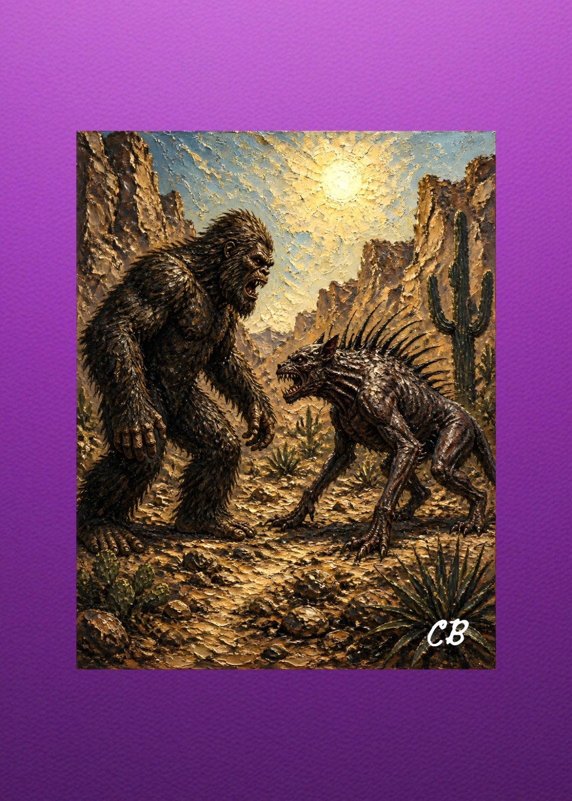 Bigfoot Meets Chupacabra ACEO Giclee | Cryptid Folk Art | Desert Standoff