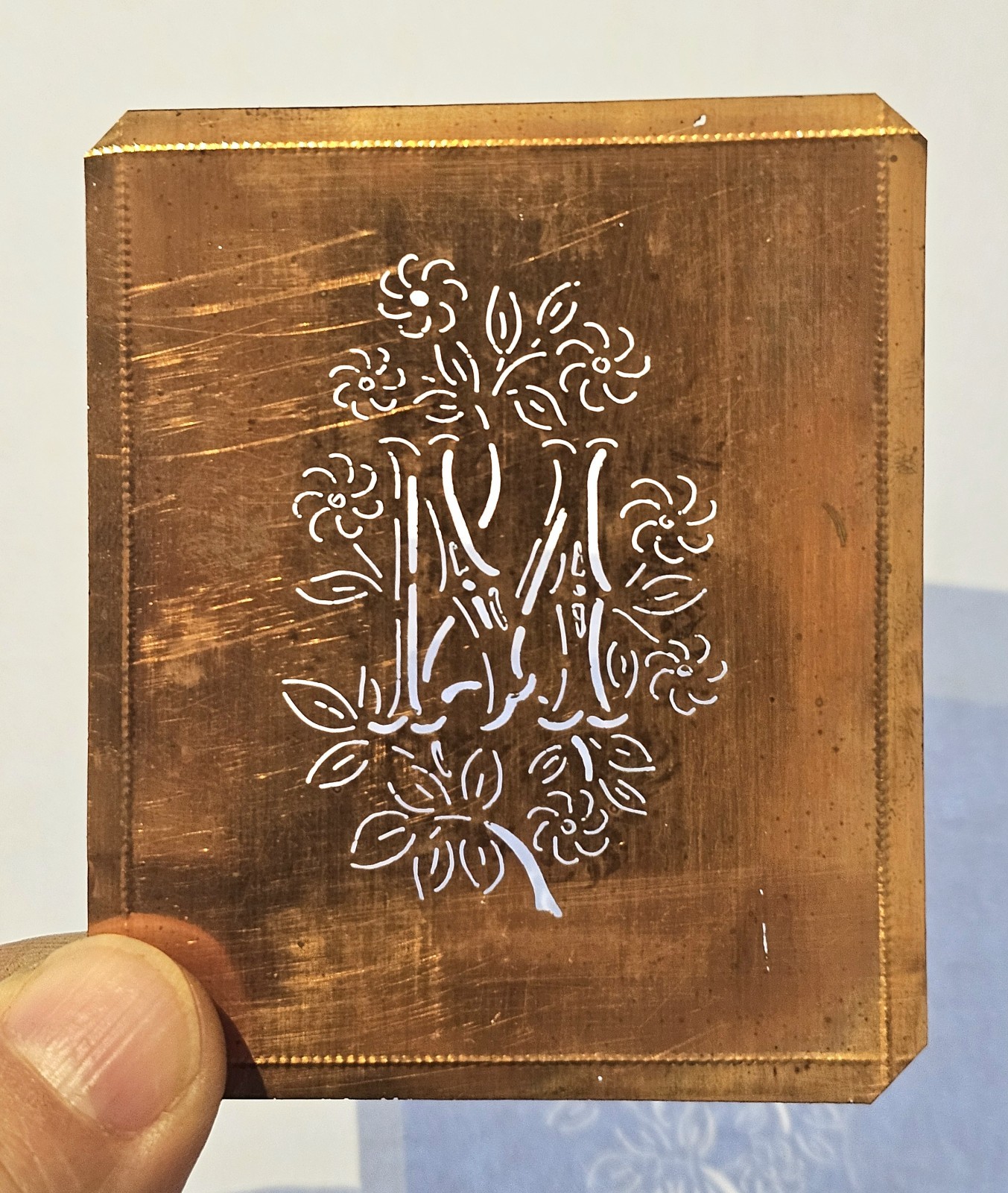 Antique Copper Monogram Stencil Letter M – Ornate Alphabet Plate c.1880–1920 M2