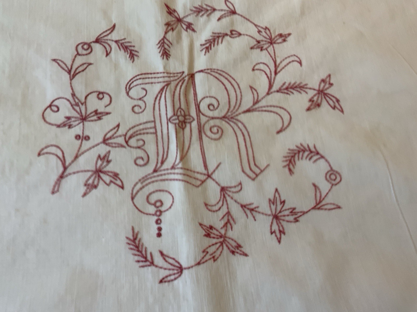 Antique Large Euro Sham, Red Work Embroidery, Ruffles, Cotton, R Monogram