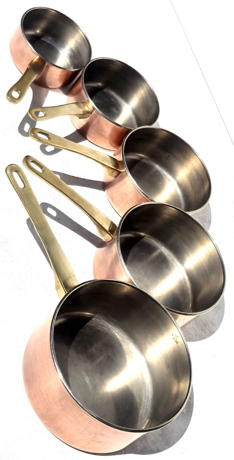 Vintage French Copper Pan Set of 5 Stainless Steel Lining Bronze Handles 8.6lbs Vintage French Copper Pan Set of 5 Stainless Steel Lining Bronze Handles 8.6lbs