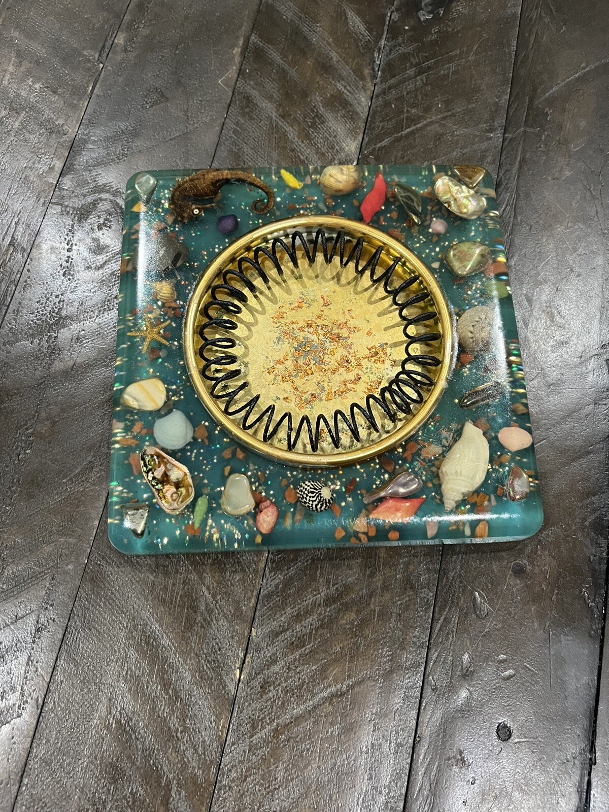 Vtg Blue Lucite Sea Creatures Brass Abalone MCM Cigar Ashtray Shells