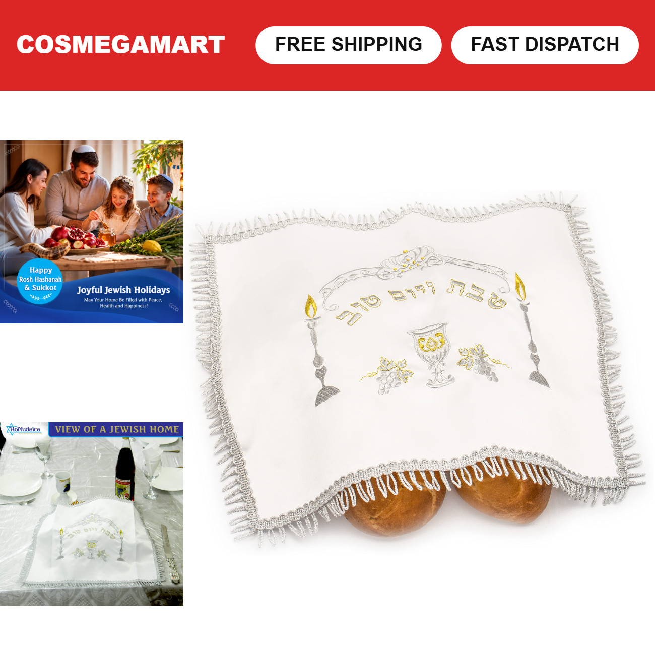Elegant White Satin Challah Cover for Shabbat Bread with Silver & Gold Embroider Elegant White Satin Challah Cover for Shabbat Bread with Silver & Gold Embroider