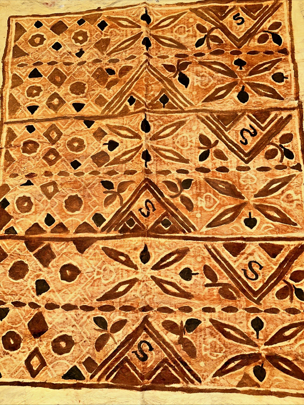vintage classic handmade Polynesian Tapa barkcloth panel  52 x 42” brown / black