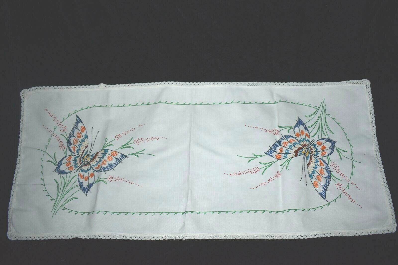 Vintage Hungarian Style Hand Embroidered  Butterfly Table Runner 