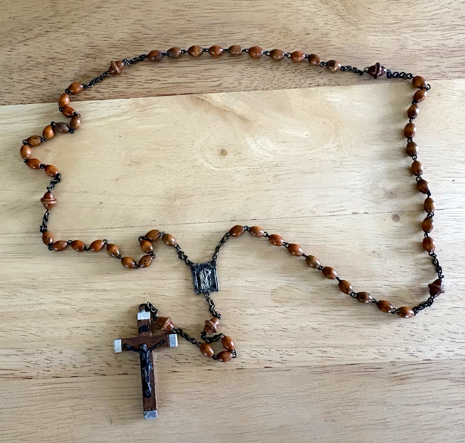 Vintage French Lourdes Catholic Rosary Brown Wood Beads Wood Crucifix
