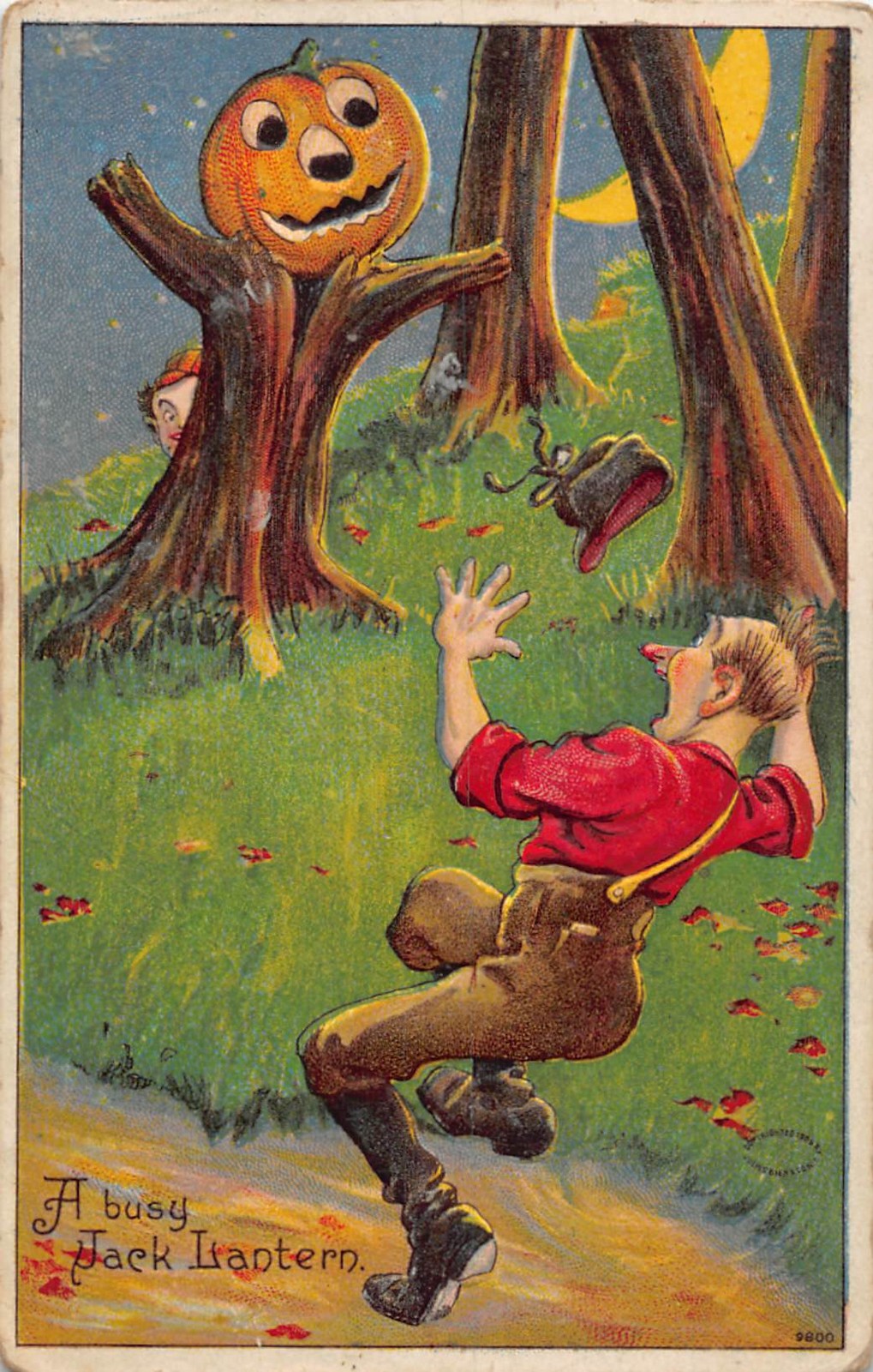 J78/ Halloween Postcard Holiday c1910 Jack-O-Lantern Tree Man 389