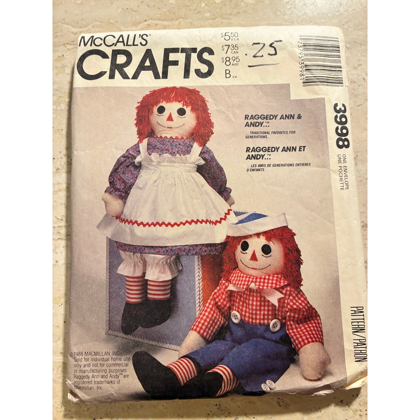 1988 Vintage McCalls Sewing Pattern Raggedy Ann Andy Dolls 36in Multicolor Good