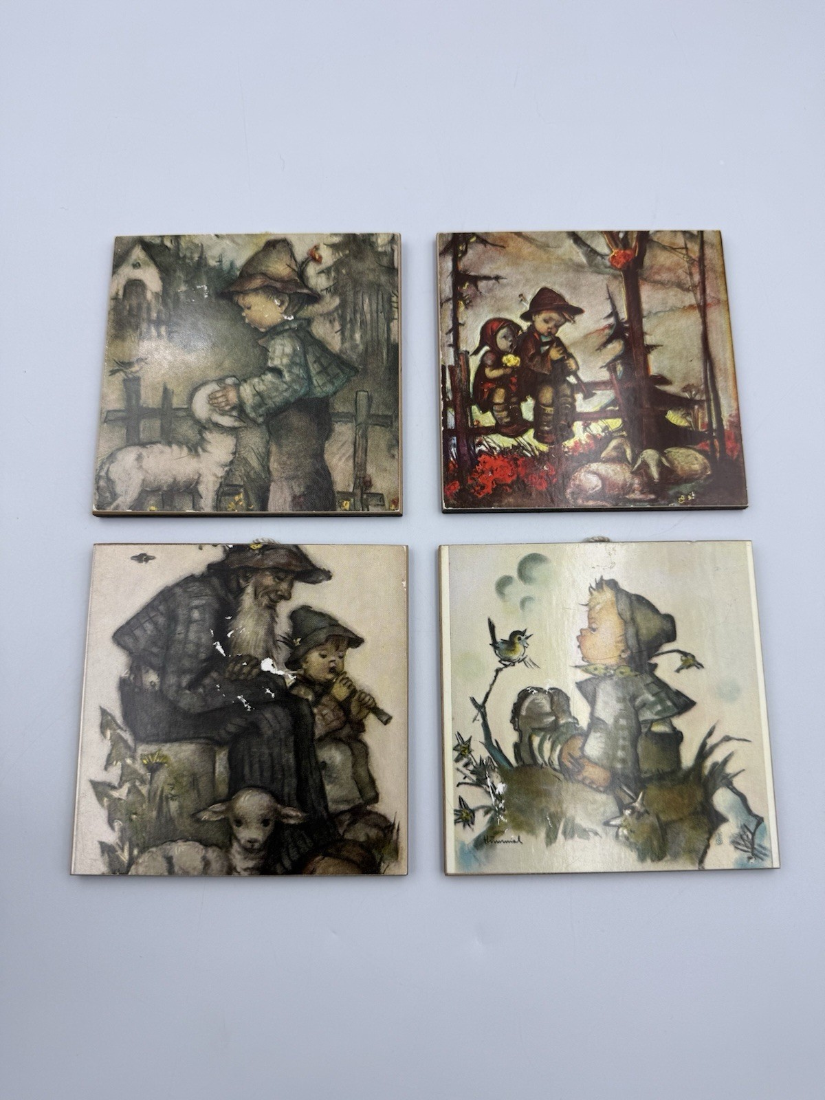 Vintage Hummel Wall Plaque Tile Coaster Lot 4 West Germany Wood Mounted