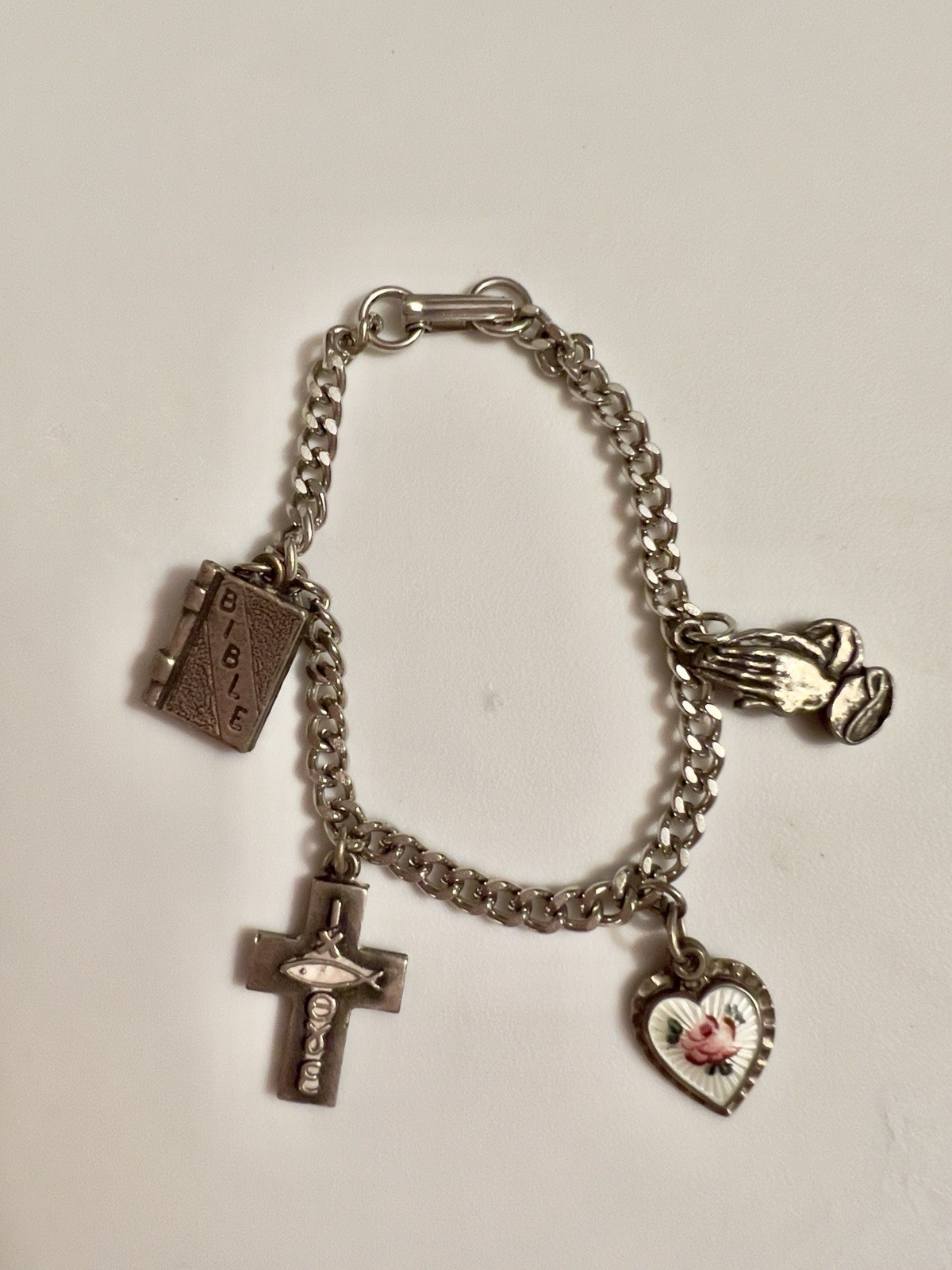 Vintage Religious Charm Bracelet Bible Cross Praying Hands Heart Silver Tone