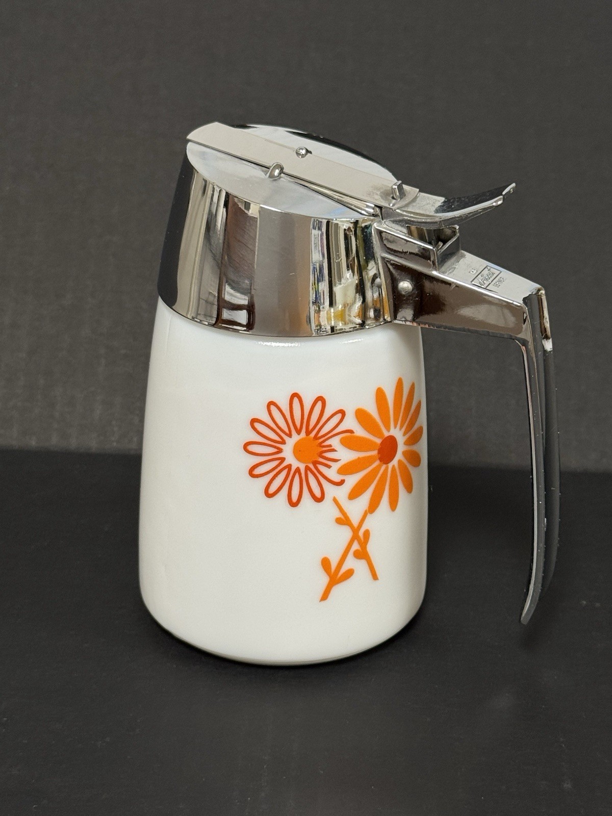 VTG Santa Barbara Dripcut Dispenser Syrup Pourer Daisy Print Glass Metal USA