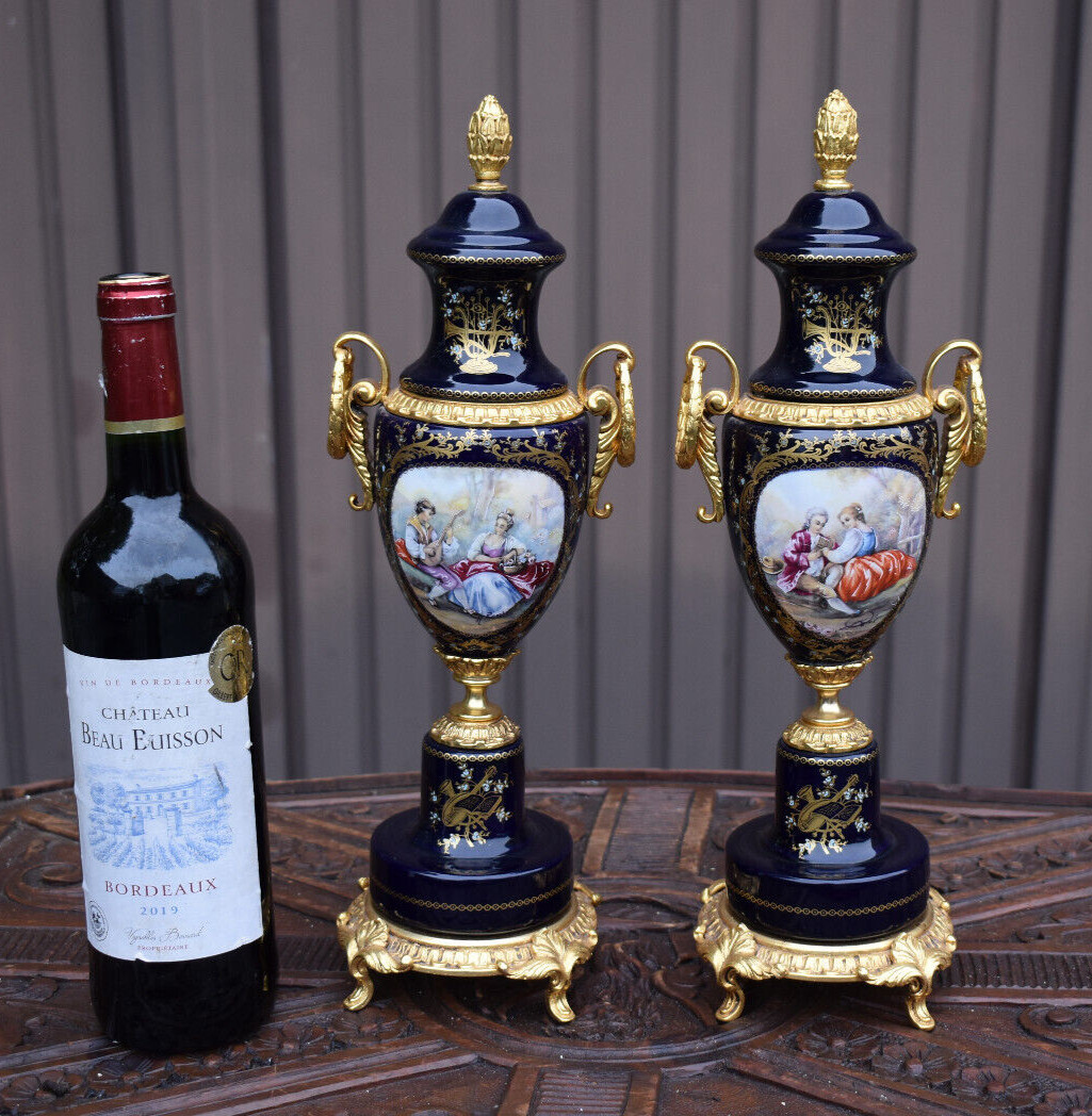 PAIR vintage acf sevres cobalt porcelain urns vases victorian scenes 1970