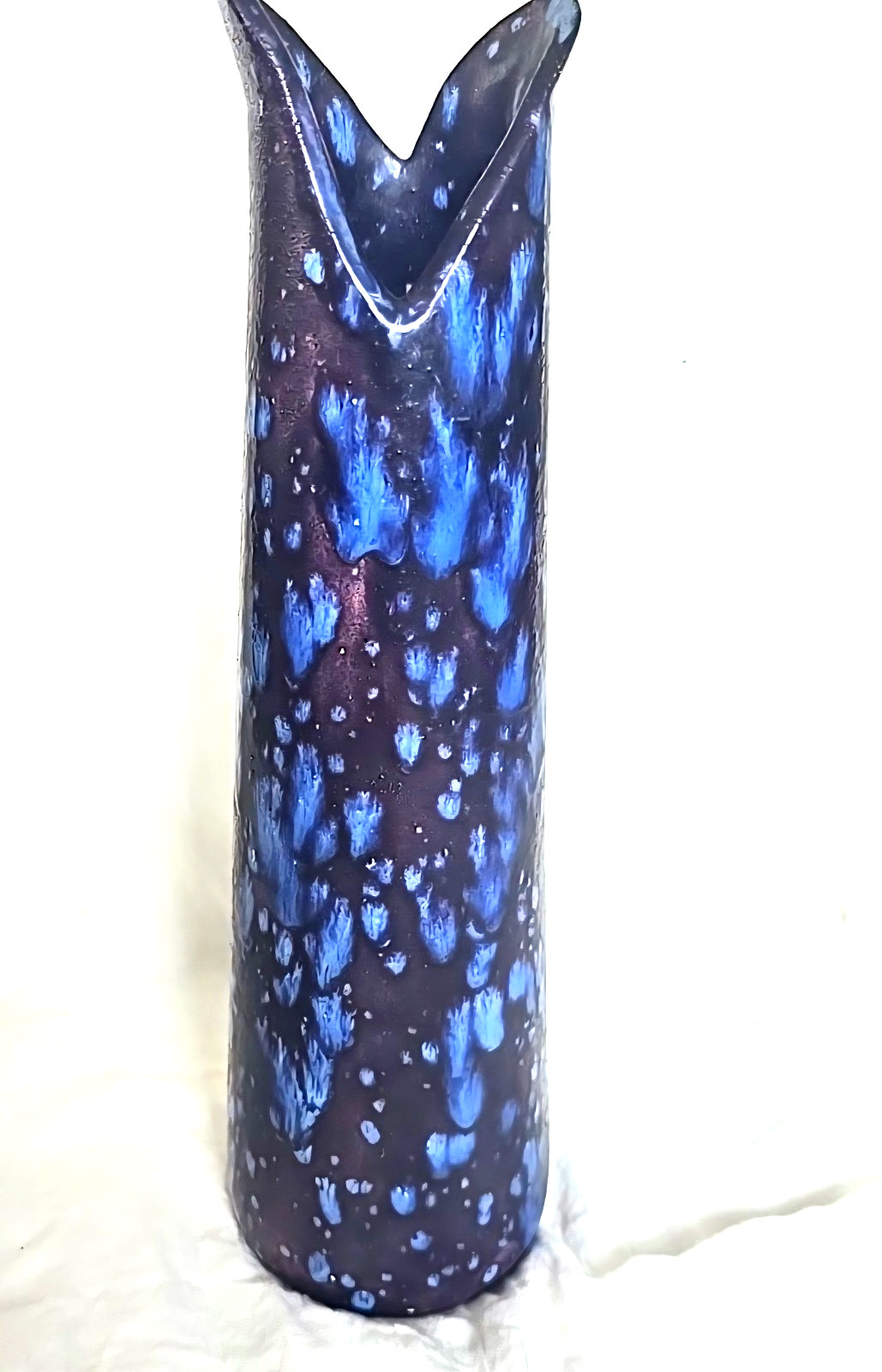 12.5 Inch Ceramic Purple Bluish Lava vase Glaze Opem Mouth Top Flowers Signed HH 12.5 Inch Ceramic Purple Bluish Lava vase Glaze Opem Mouth Top Flowers Signed HH