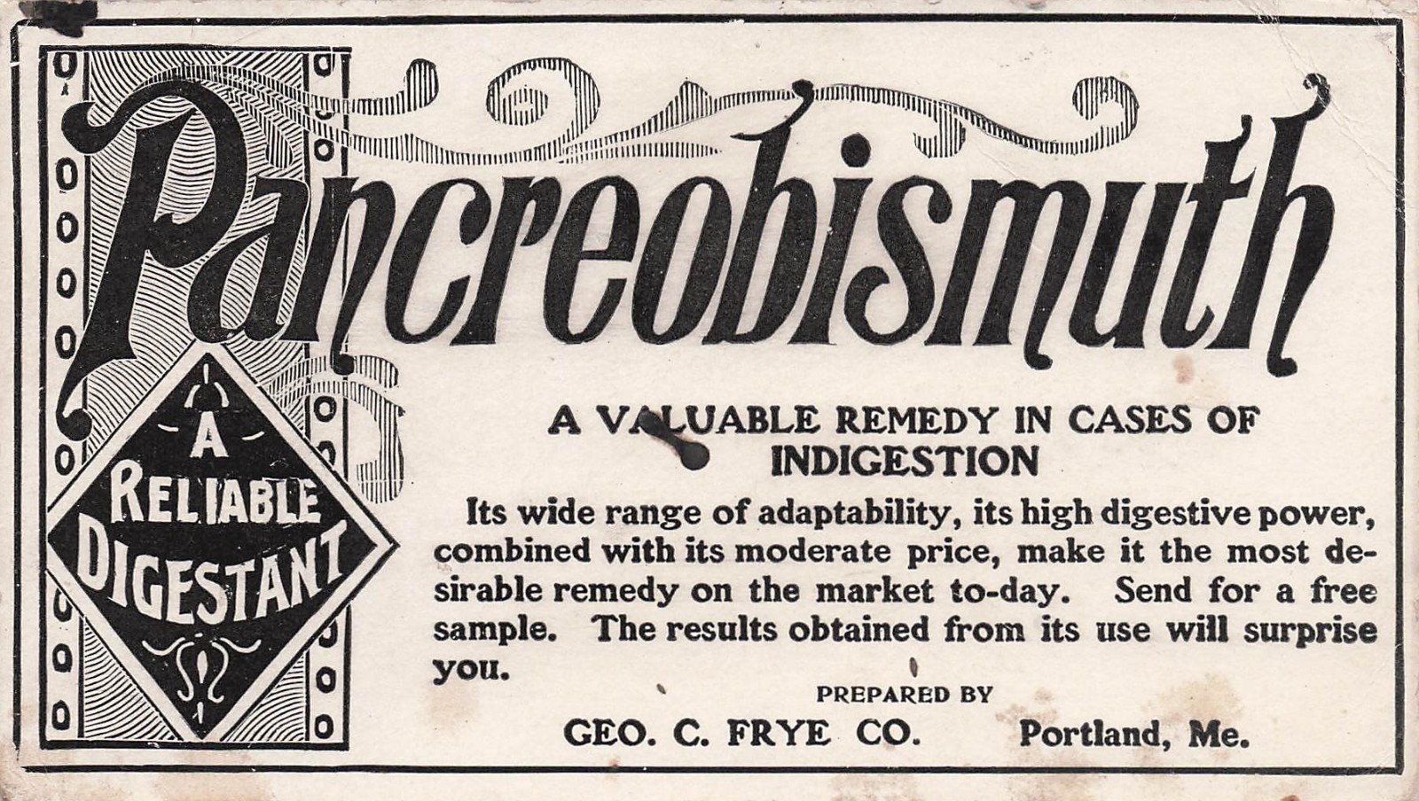 Pancreobismuth Victorian Trade Card Ink Blotter Geo. C Frye Co Boston MA