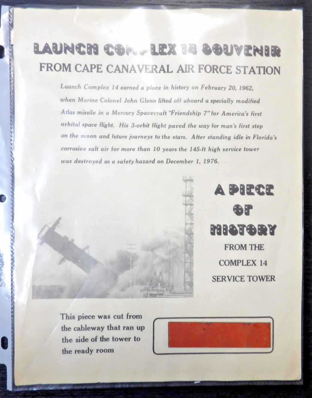 NASA CAPE CANAVERAL LAUNCH COMPLEX 14 SOUVENIR CABLEWAY METAL RELIC #47/50