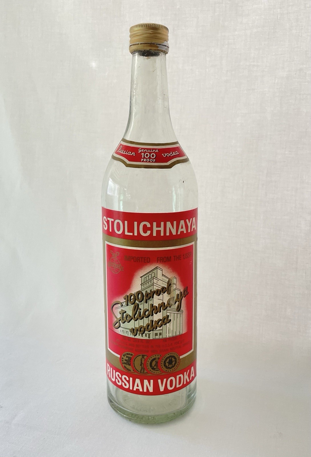 Stolichnaya Russian Vodka Glass Liquor Bottle 750 ml Made in USSR 100 Proof