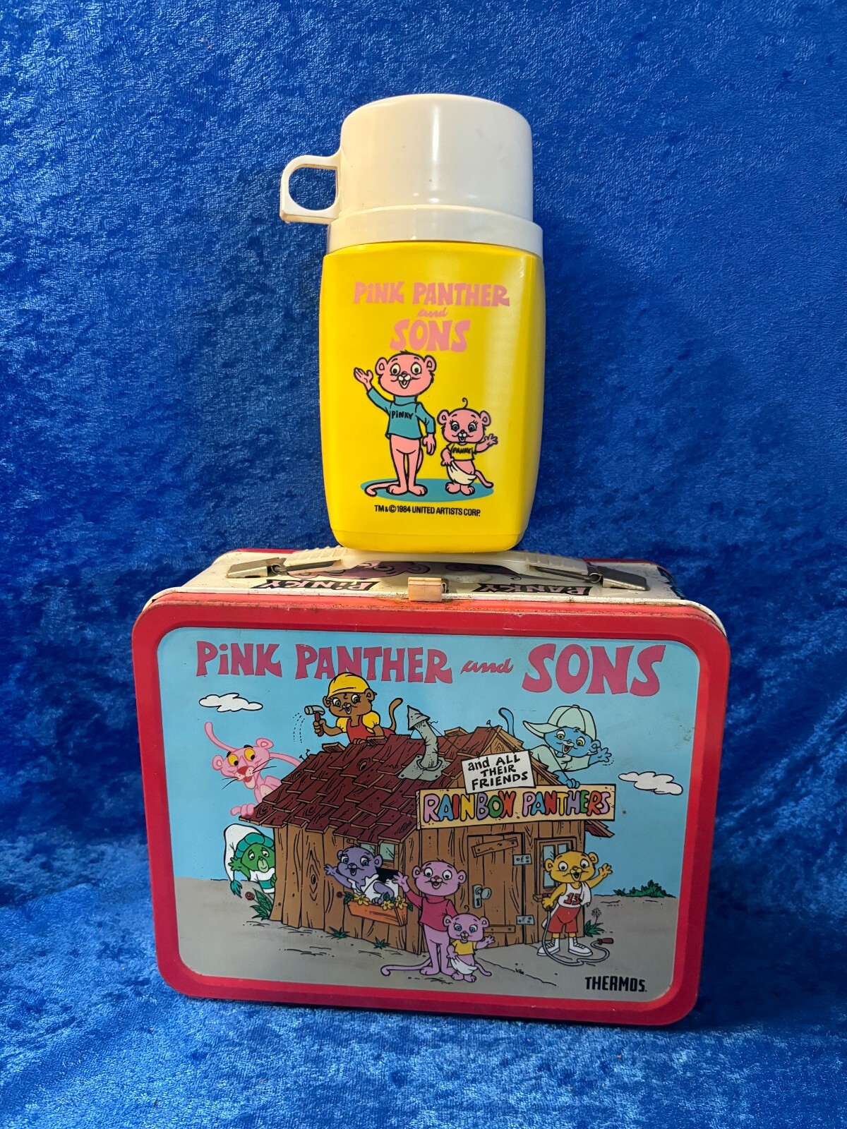 Vintage 1984 Pink Panther & Sons Metal Lunch Box with Thermos
