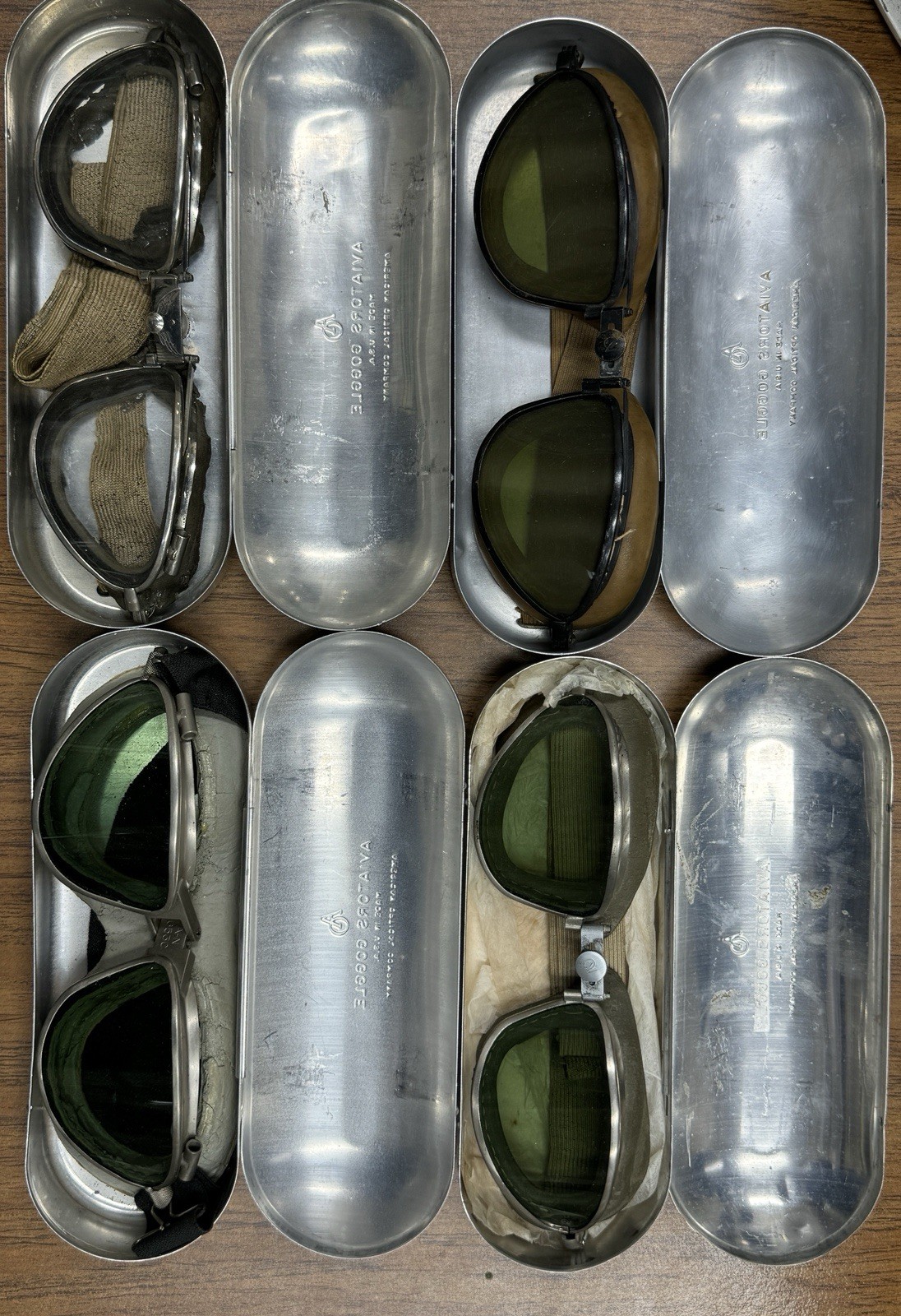  5 Pairs Of WWII Era Aviator Goggles w/ Cases. AO AN6530, Air ways, Willson, Etc