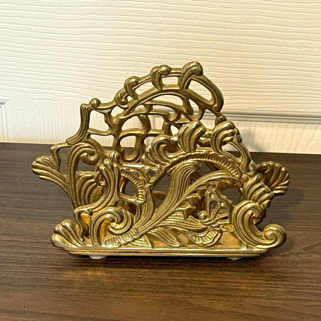 MCM Vintage Ornate Teleflora Butterfly Brass Metal Letter Napkin Holder
