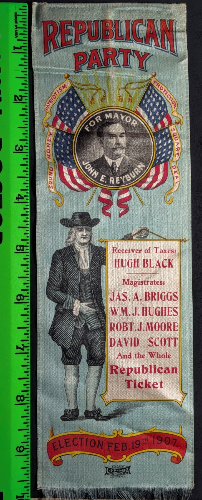 Antique 1907 John Reyburn Mayor Republican Party Political Ribbon