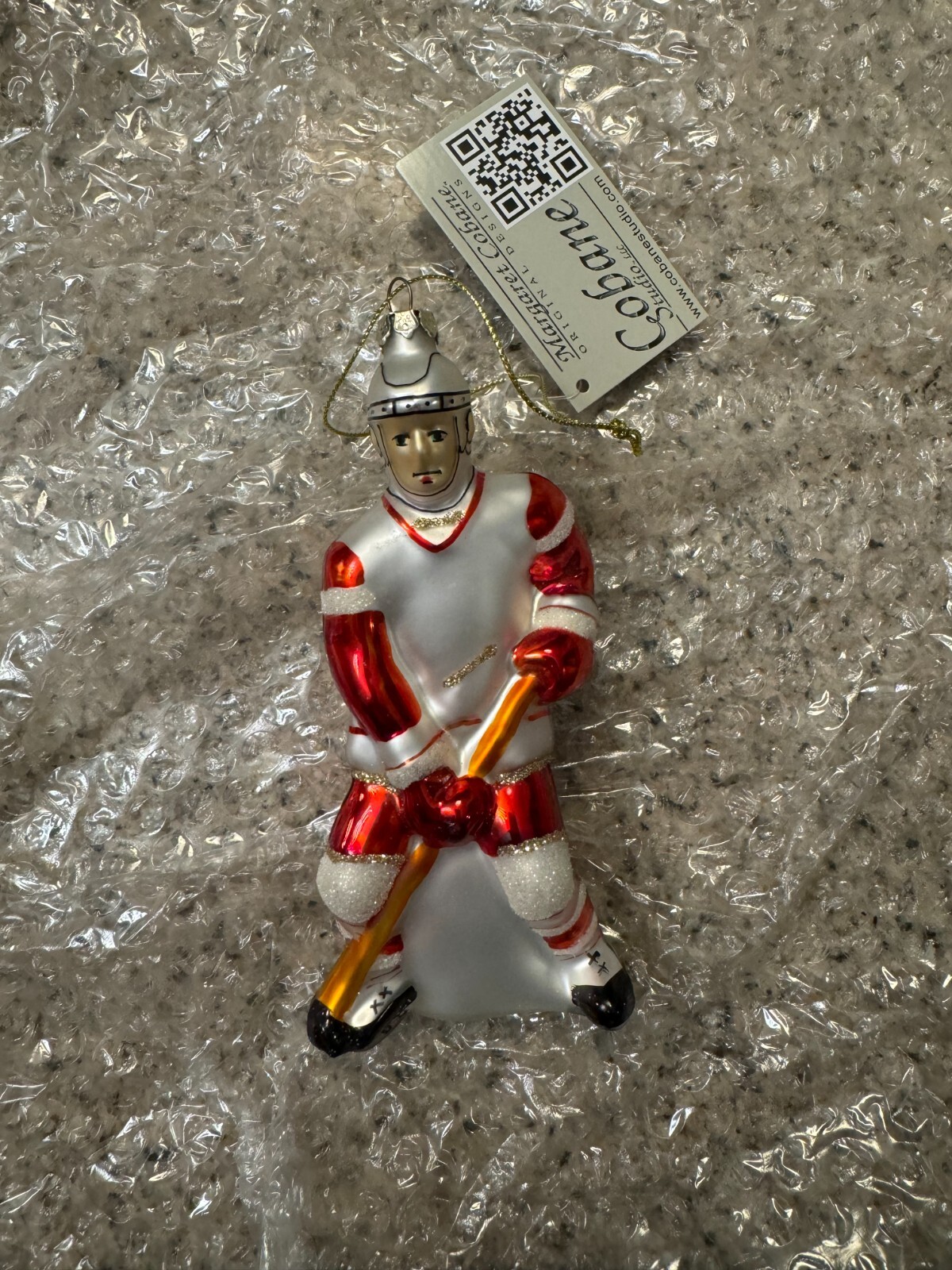 Margaret Cobane Studio Hockey Player Red White Glass Blown Christmas Ornament