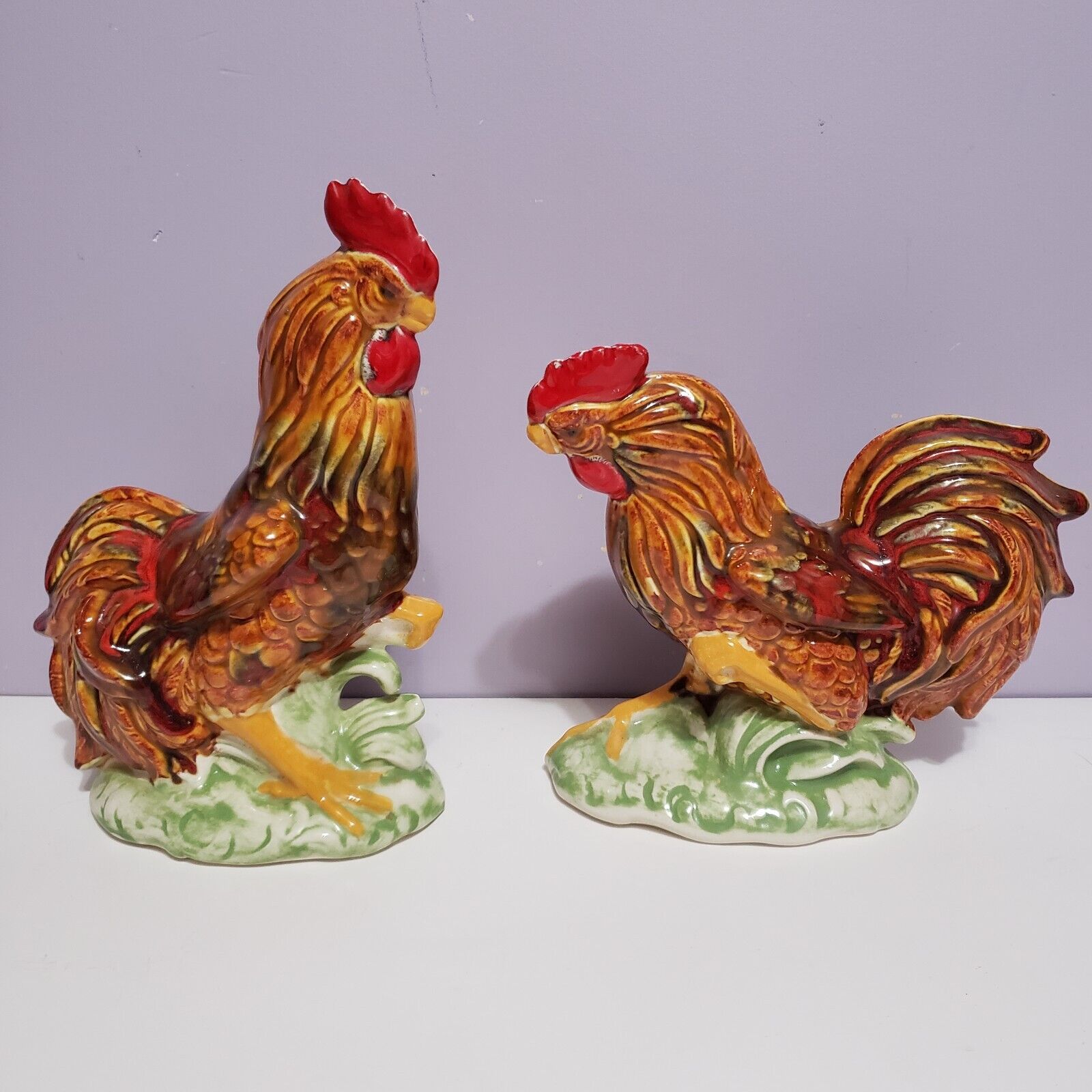 Chicken Rooster Standing Porcelain Pair County Farmhouse Kitchen  Home Decor...