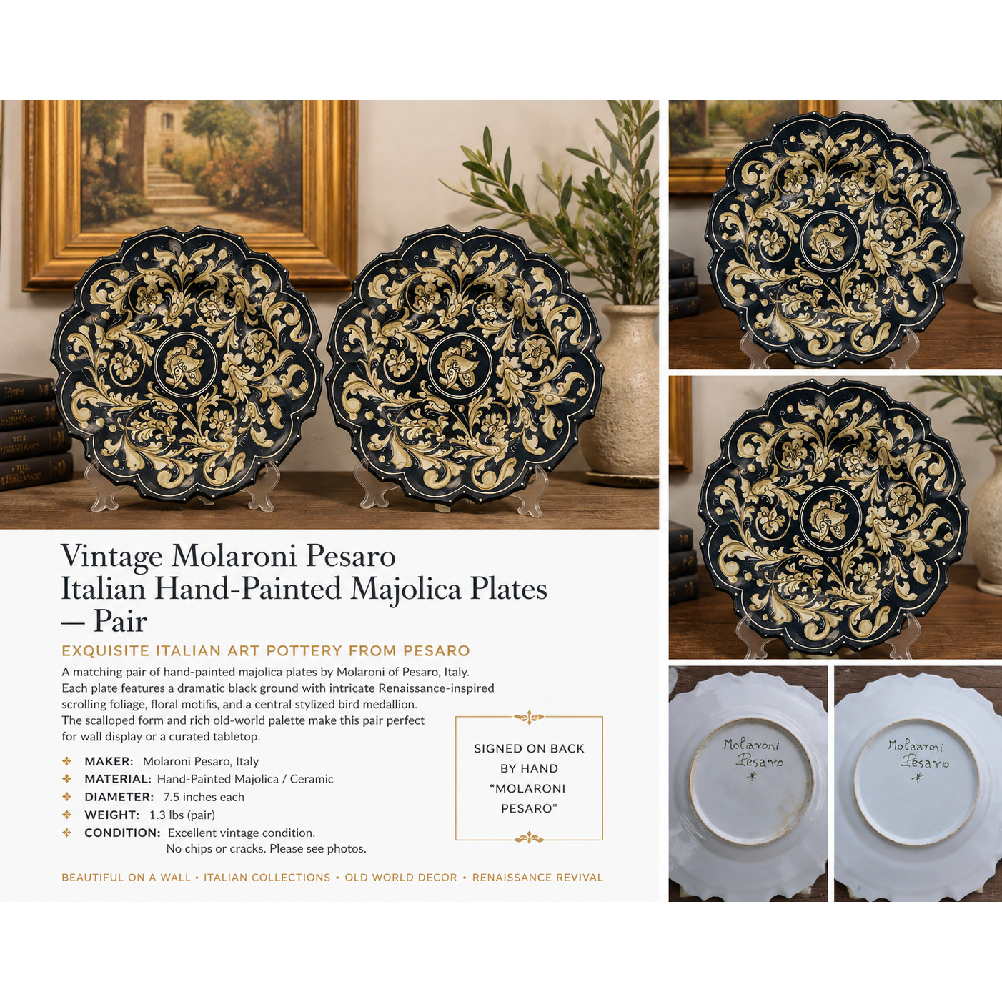 Vintage Molaroni Pesaro Italian Hand-Painted Majolica Decorative Plates – Pair