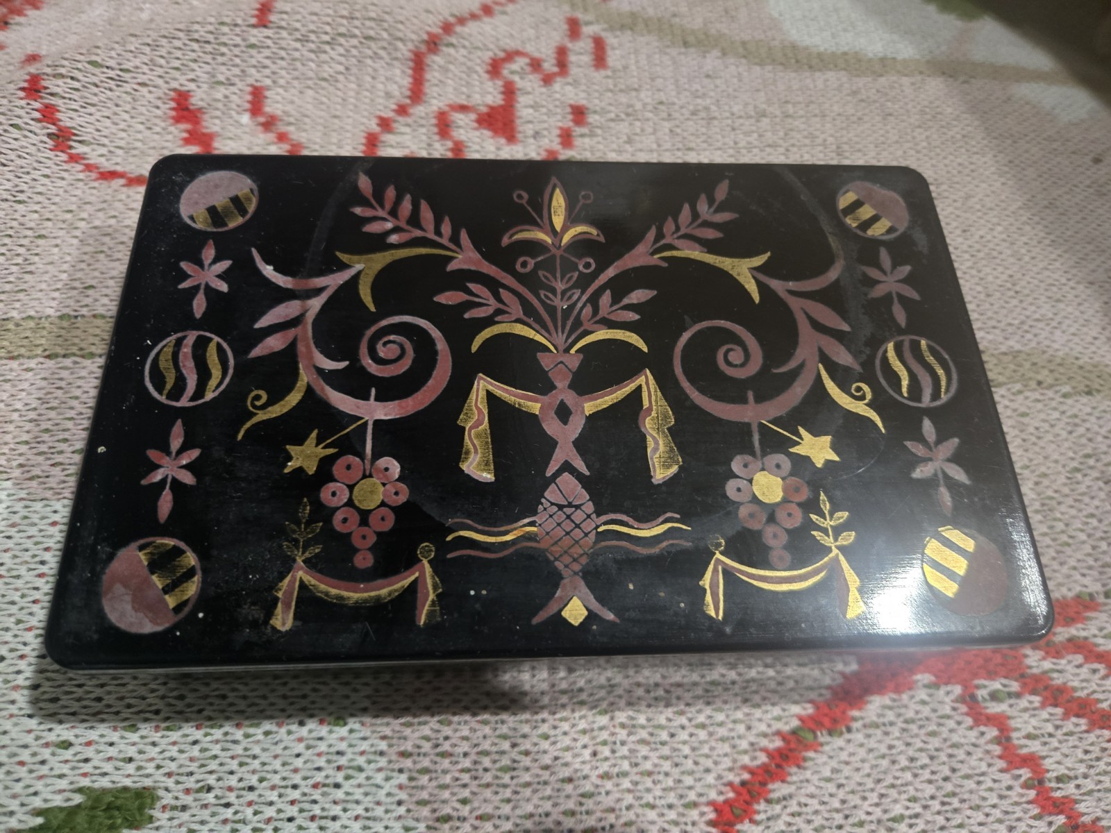 RARE Antique ART DECO Opaline Black Glass Casket Card BOX With Painting RARE Antique ART DECO Opaline Black Glass Casket Card BOX With Painting