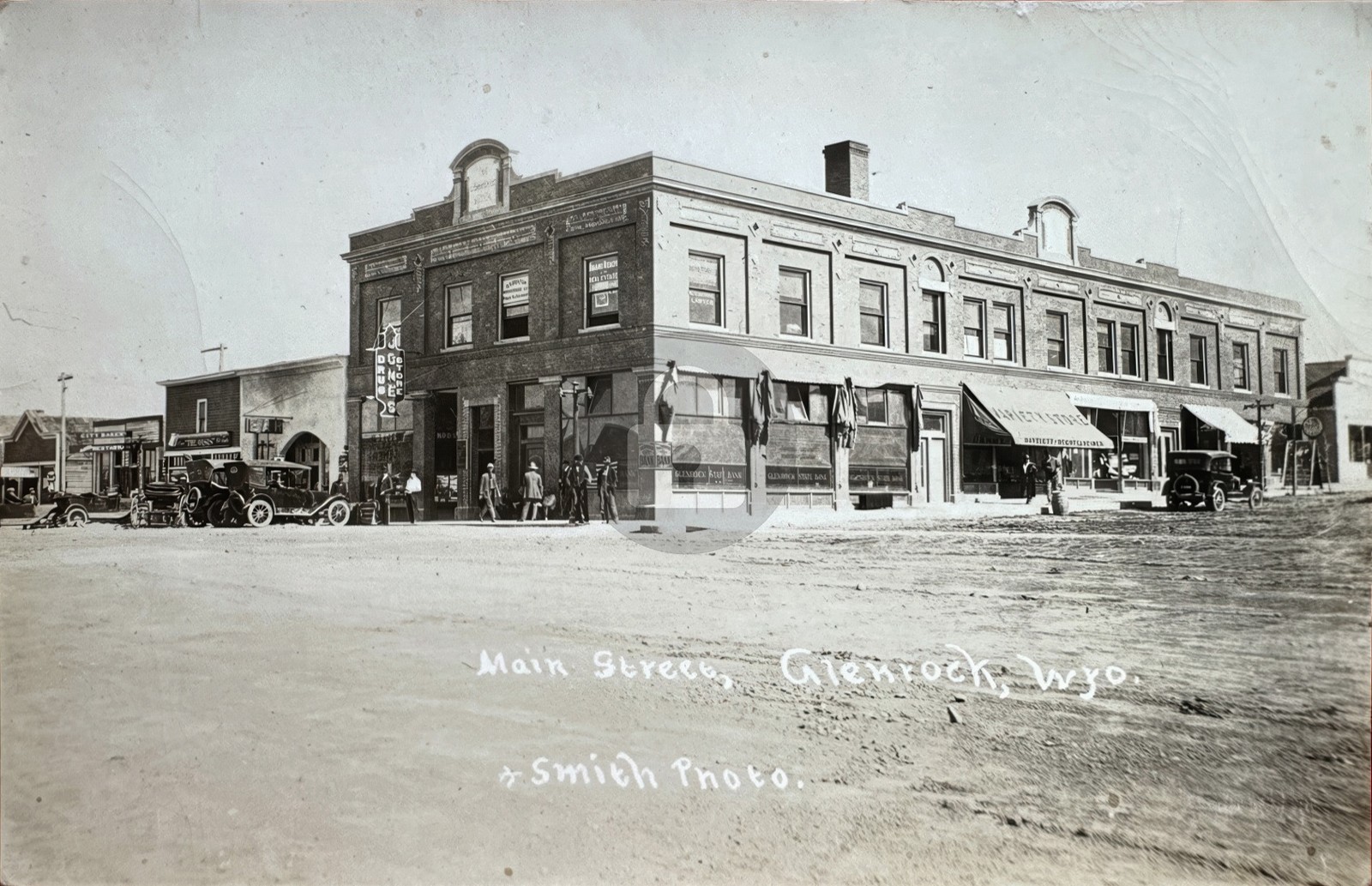 Main Street GLENROCK Wyoming Drug Store Bank 1920s RPPC Photo Postcard COPY