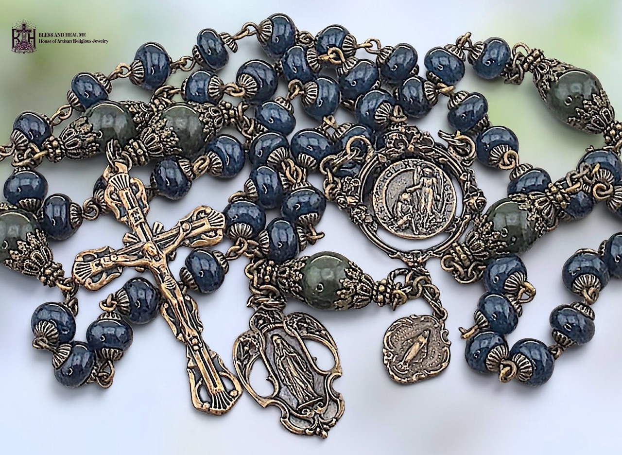 Healing Saints Archangel Raphael Lourdes Rosary - Heirloom Bronze Blue Jade