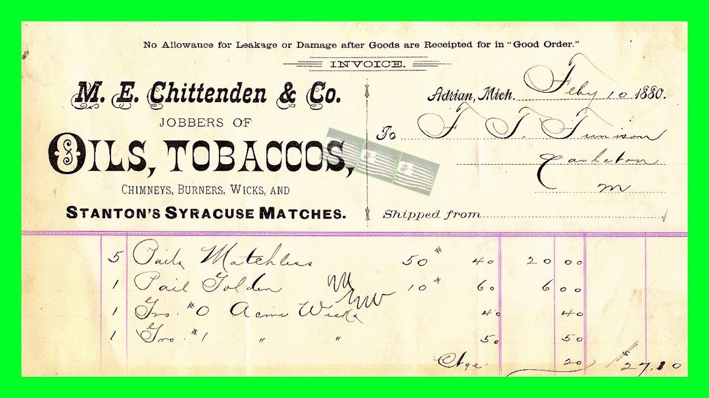 1880 Adrian MI M.E. Chittenen & Co. Oils Tobaccos Wicks Matches Letter Head Bill