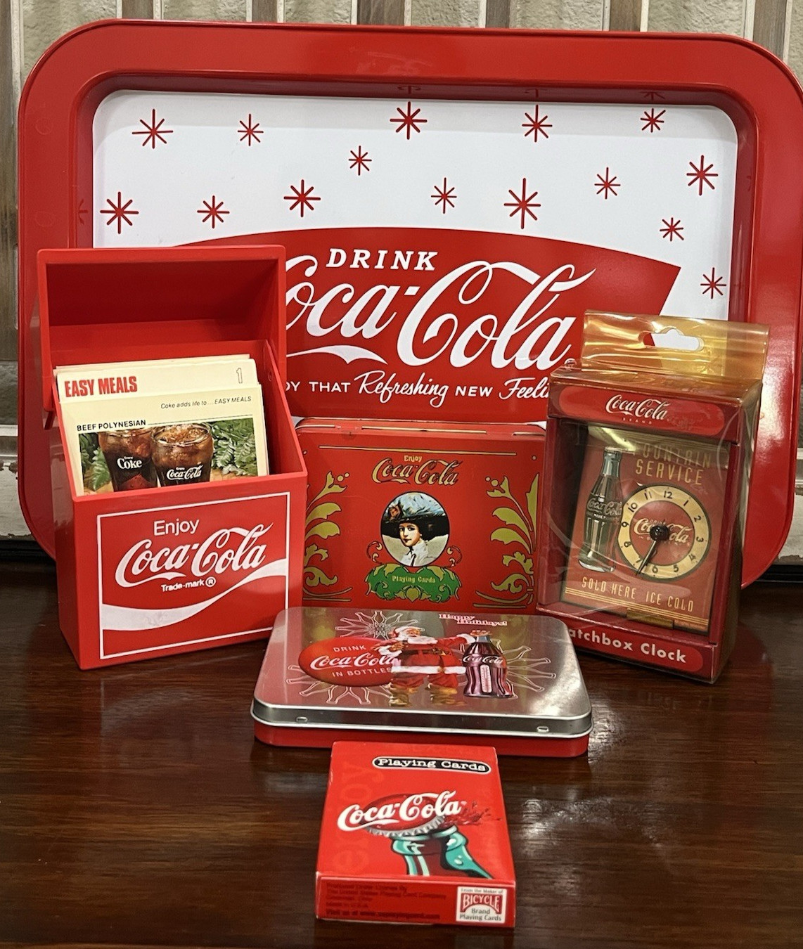 Vintage Coca-Cola Collector Lot Tray Recipe Box Playing Cards Tins NOS Clock