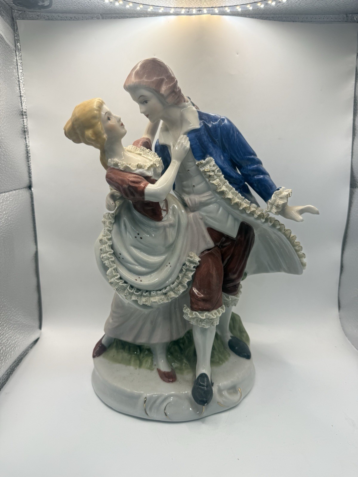 Vintage Porcelain Courting Couple Figurine Applied Lace 13” *