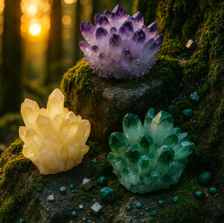 3PCS Green Yellow  Purple Crystal Phantom Cluster Geode SET Home Decor Gift