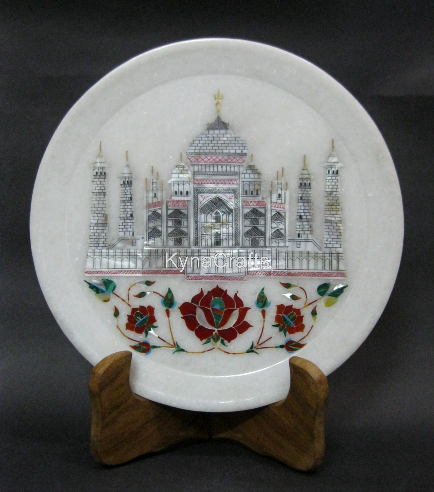 9 Inches Marble Decorative Plate Taj Mahal Pattern Inlay Work Table Master Piece