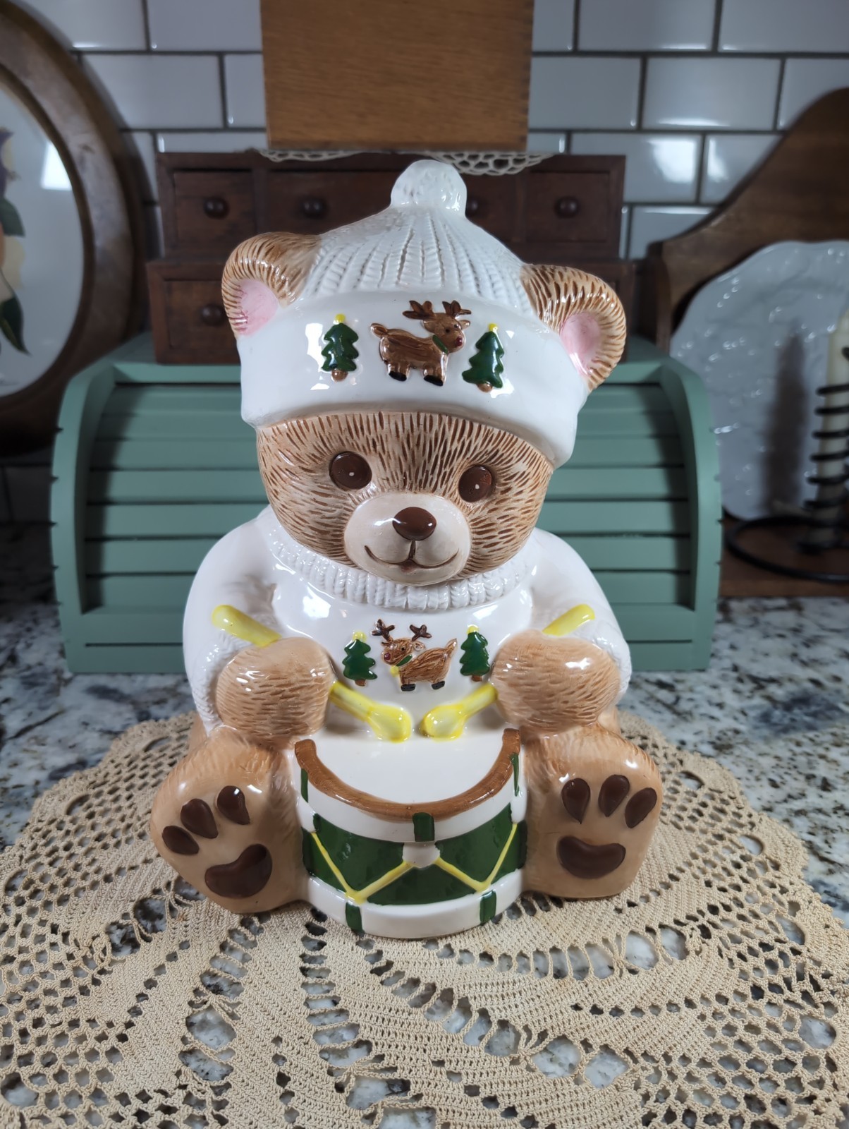 Tienshan Theodore Bears Christmas Cookie Jar 1992 Teddy Bear Drum Vintage 11