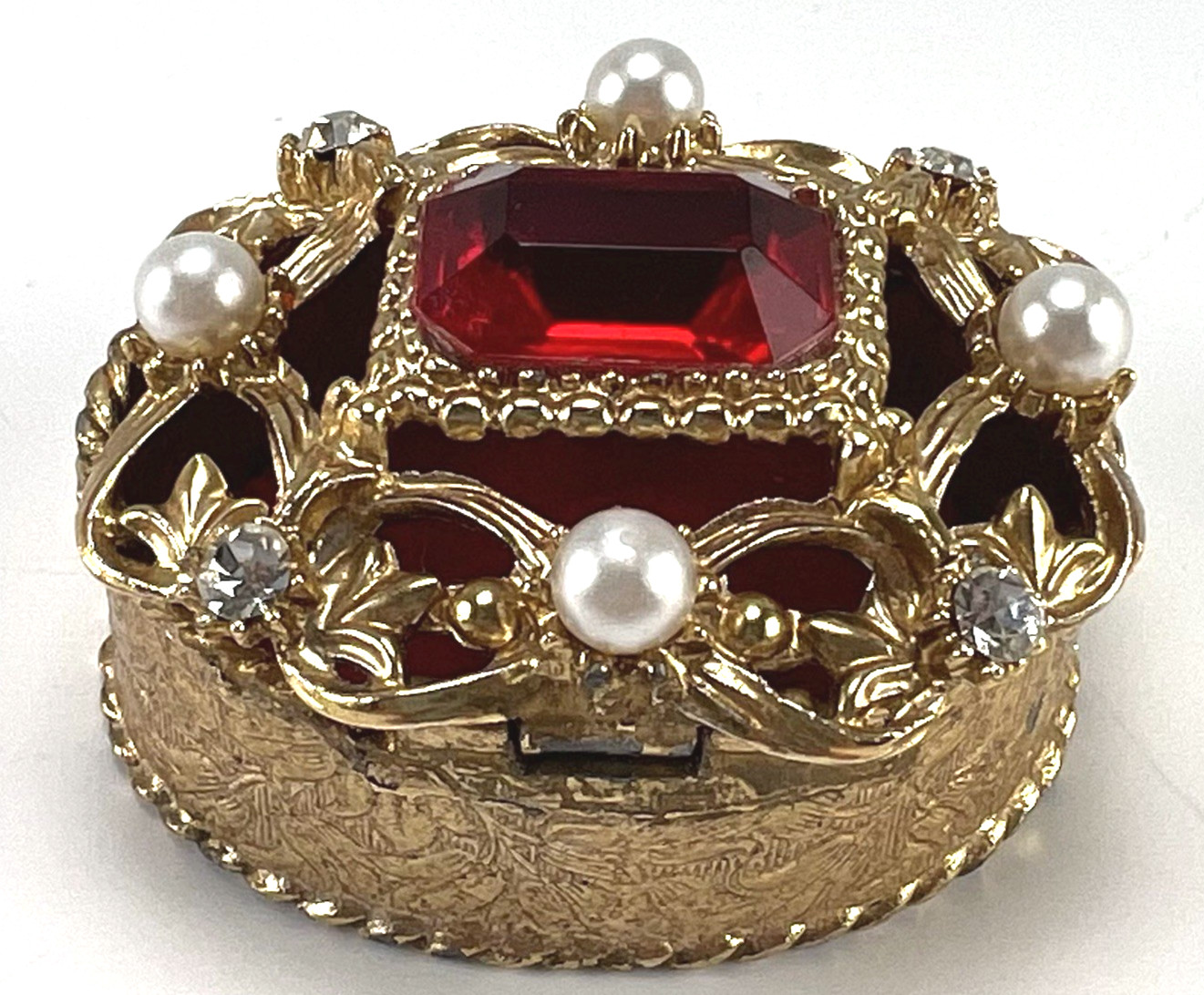 VTG Florenza Red Ruby Bejeweled Enamel Hinged Trinket Pill Ring Box Signed