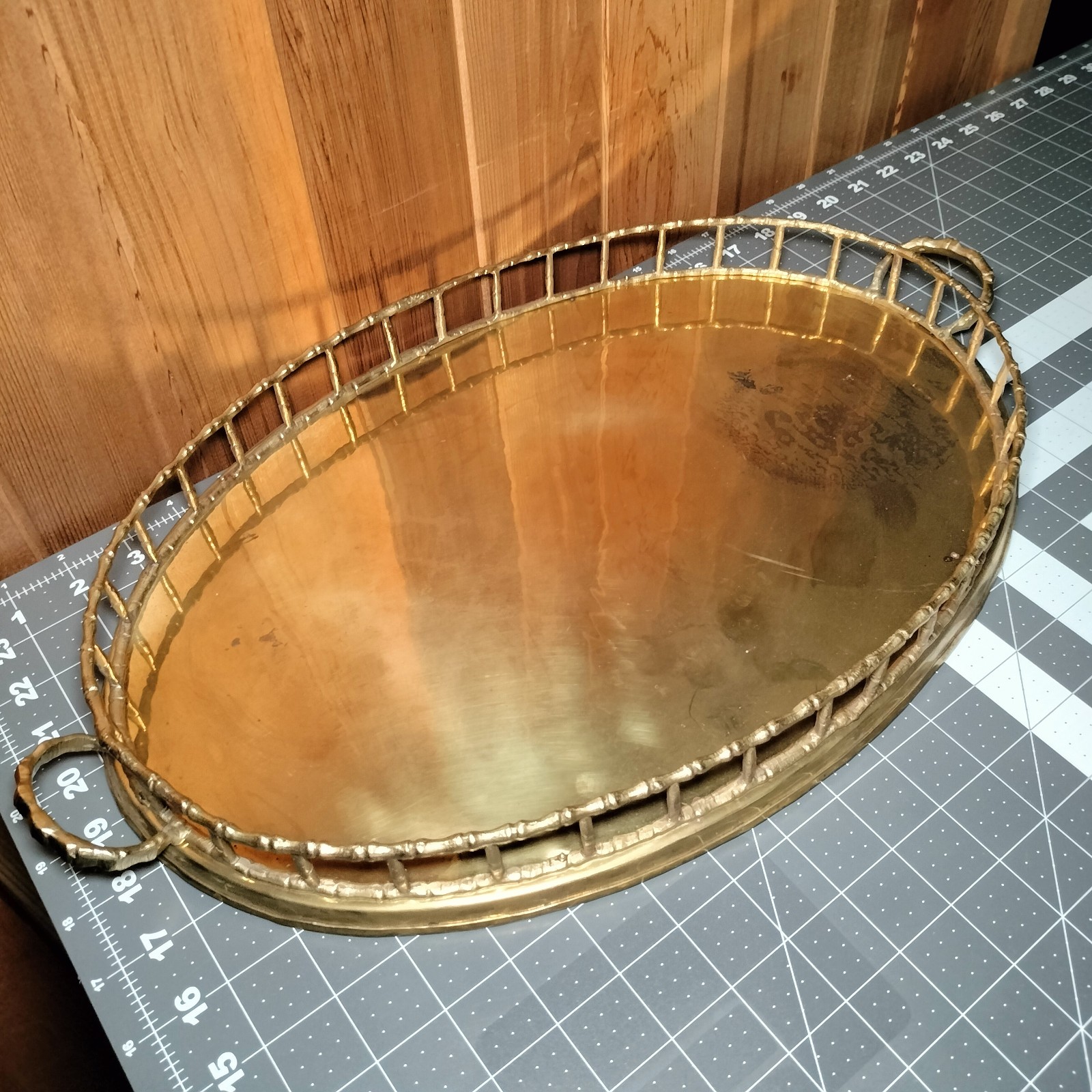 Vintage Brass Faux Bamboo Gallery Serving Tray Oval Hollywood Regency Made India