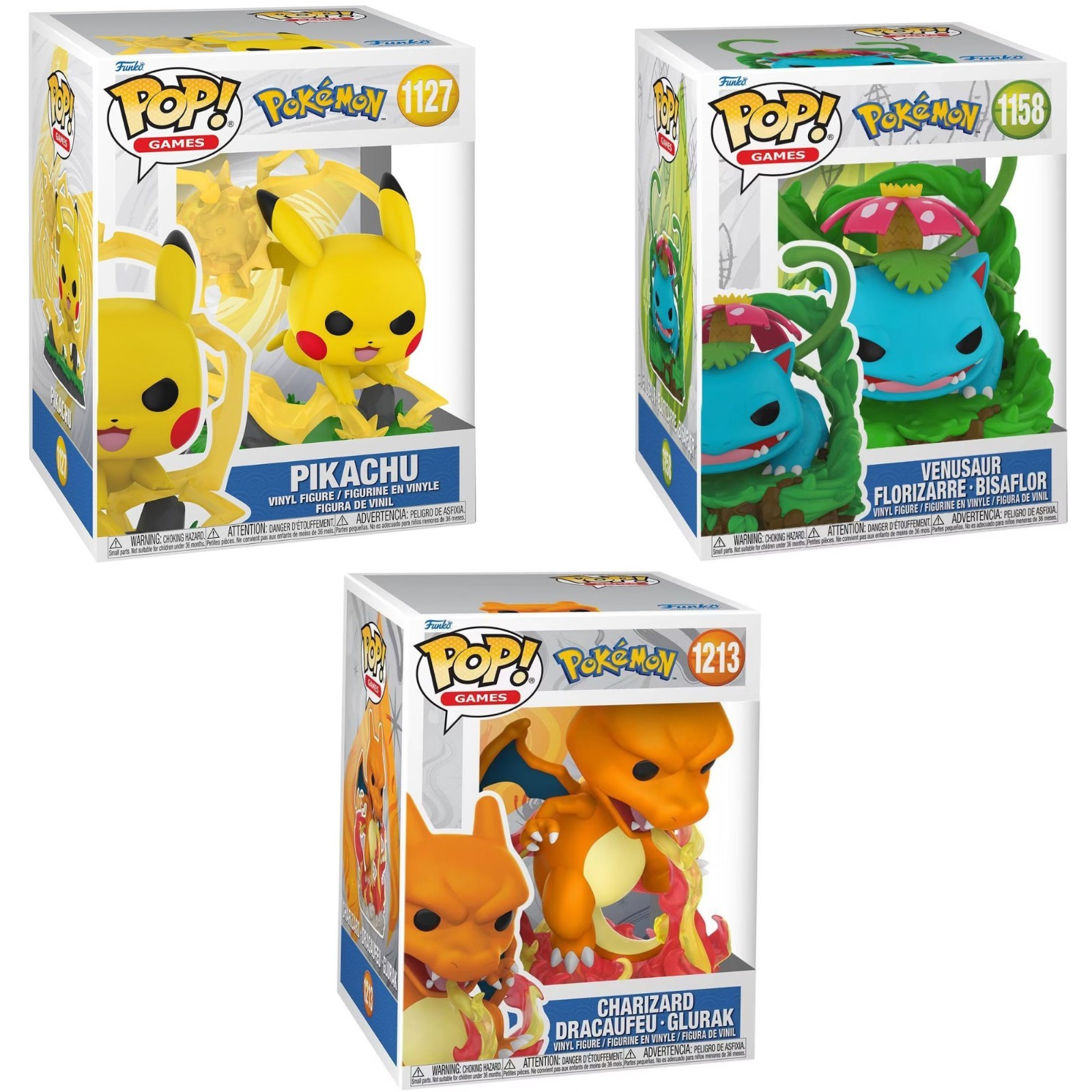 Funko POP Pokemon Bundle Charizard #1213, Venusaur #1158 , & Pikachu #1172