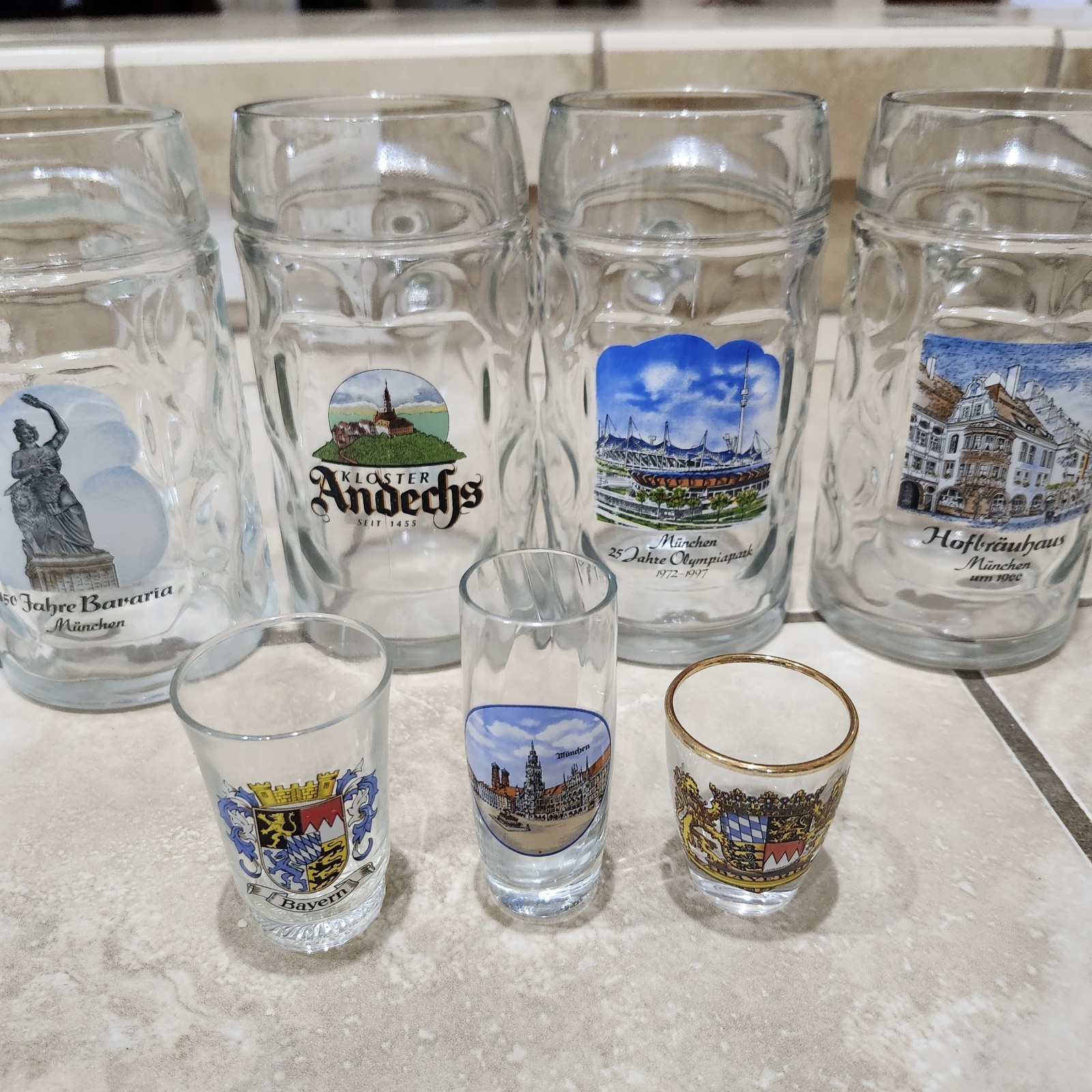 Glass Beer Steins Set of four & three shot glasses Munich Munchen BavariaGermany