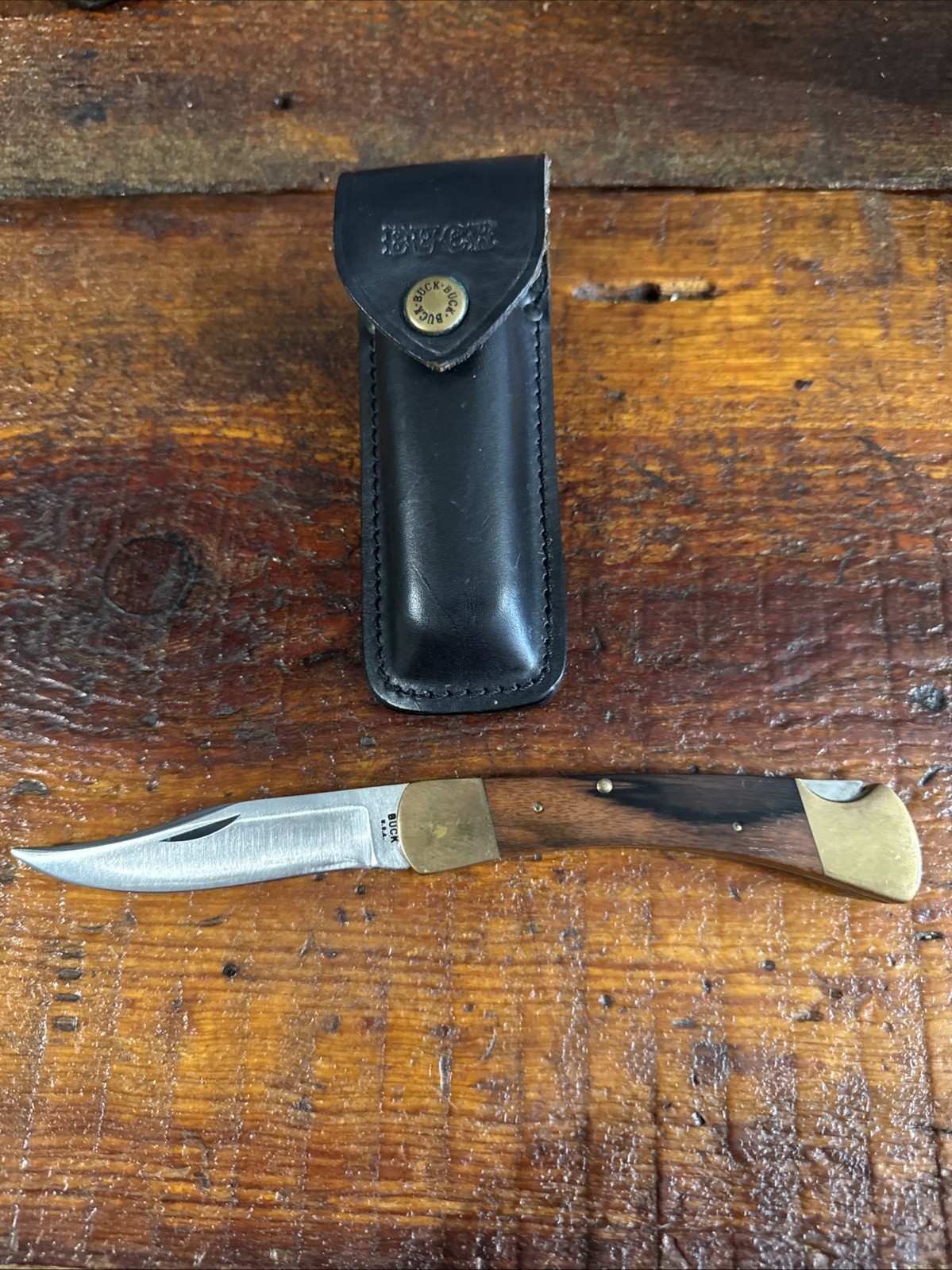 VTG BUCK 110 Knife two line INVERTED tang stamp 67-72 USA Buck  leather sheath