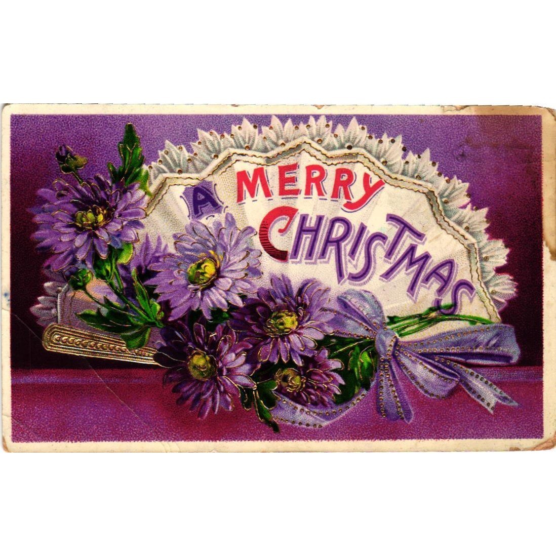 Antique 1913 Christmas Postcard Purple Flowers Fan Germany Postmarked NY Stamp
