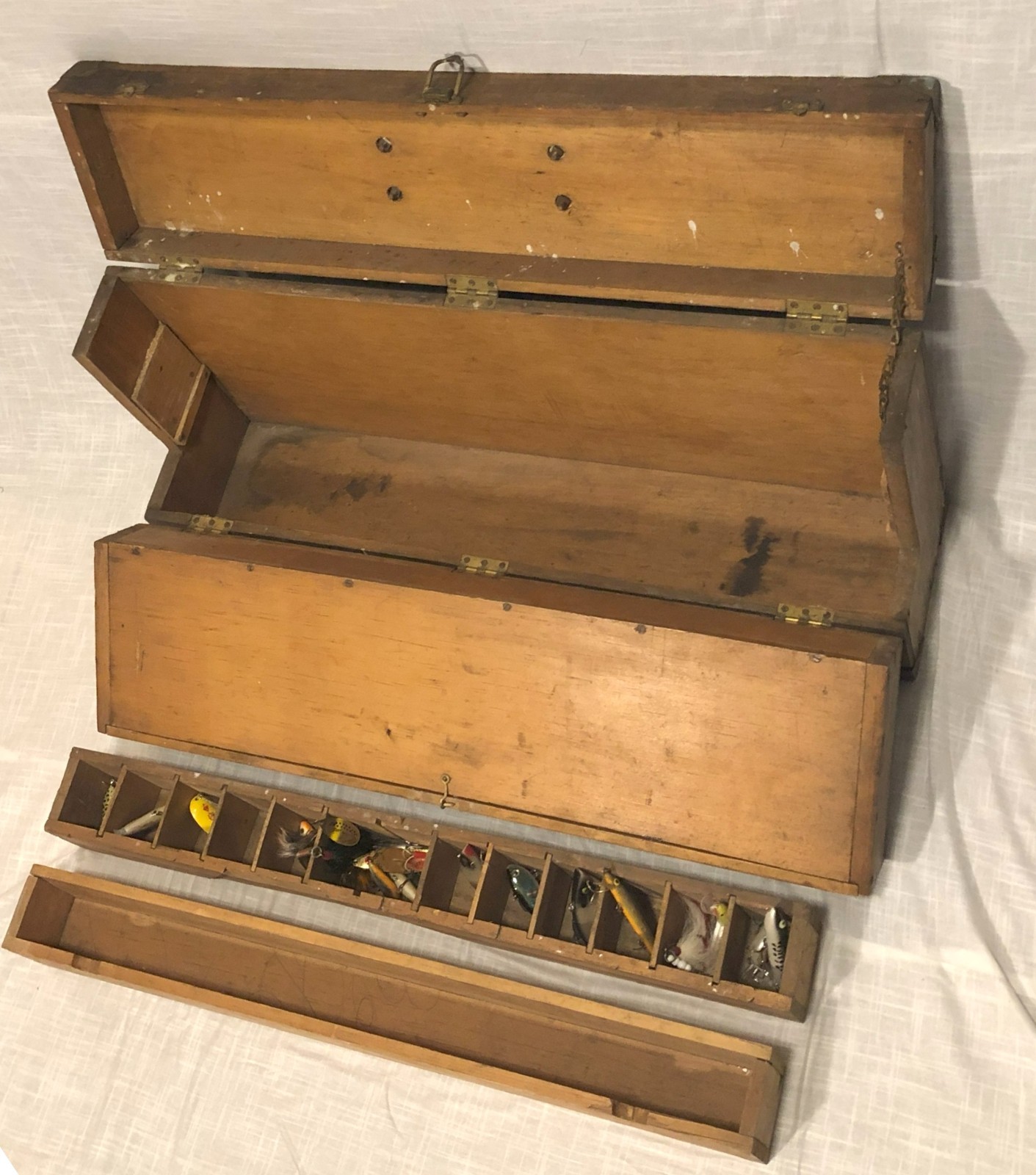 Antique Handmade Wooden Tackle/Tool Box, Early 1900s, Rustic Americana Antique Handmade Wooden Tackle/Tool Box, Early 1900s, Rustic Americana